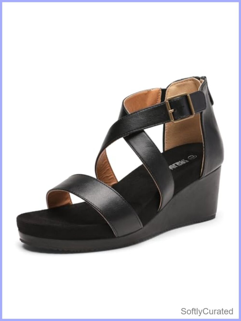 Women's Platform Wedge Sandals with Faux Leather Upper and Elastic Ankle Strap